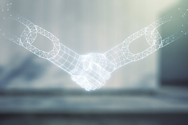 抽象虚拟区块链技术全息图的双重曝光与握手的现代商业中心外部背景。研发去中心化软件概念图片下载