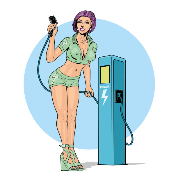 在充电站夹住抱着充电器插头和电缆的女孩。女孩站在电动汽车电源附近。绿色生态交通技术。矢量插图。图片下载