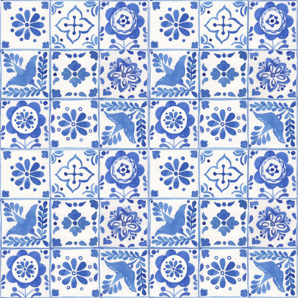 水彩蓝式瓷无缝花纹，荷兰瓷砖点缀。老式手工绘制的乡村花卉图案图片下载