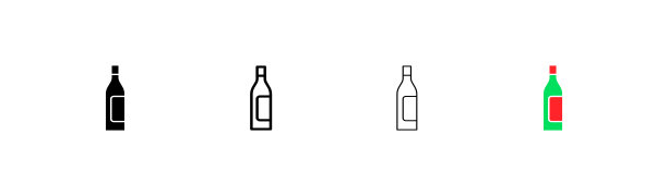 酒具图标。瓶、瓶、玻璃、手、陈酿、时间、时钟、味道、气味、酒窖、储存条件、温度。餐厅的概念。矢量四图标在不同的风格上的白色背景图片下载