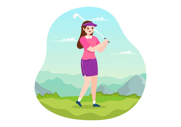 高尔夫运动插图与旗帜，车，棍子，绿地和沙堡户外乐趣或生活方式在平面卡通手绘模板图片下载