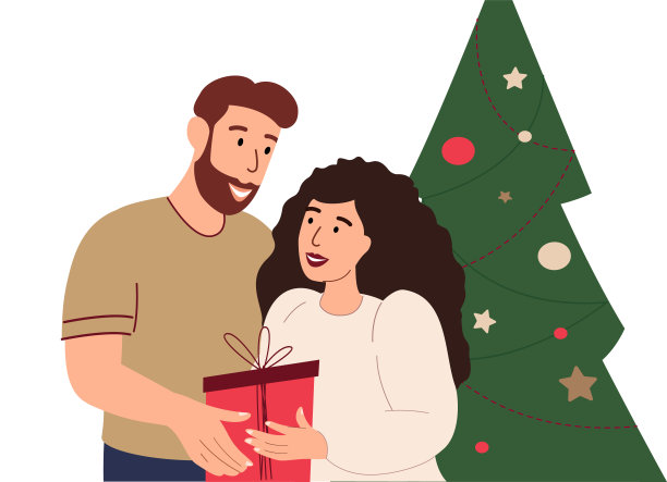 幸福的年轻浪漫的情侣赠送礼物，一起庆祝圣诞，新年。节日氛围，装饰圣诞树，家庭寒假。微笑的女人和男人。平面矢量图图片下载