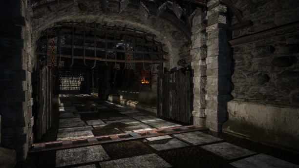 黑暗忧郁的中世纪城堡走廊与黑色铁门。3 d渲染。图片下载