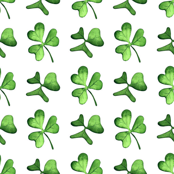 图案的绿色三叶草象征帕特里克。水彩。在孤立的白色背景，手绘。完美的卡片设计，邀请，剪贴簿，织物印刷。图片下载