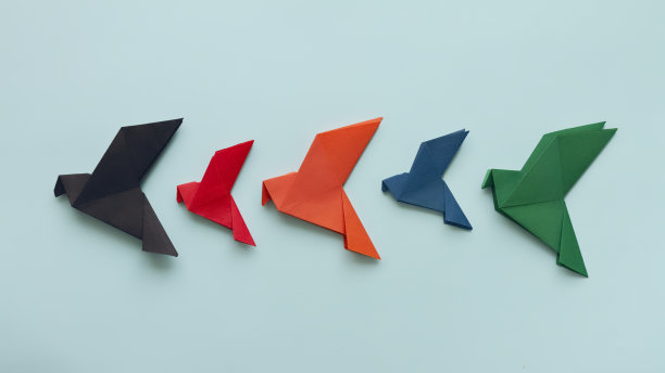 五只纸折纸鸽子黑色，红色，橙色，蓝色和绿色排在光背景图片下载
