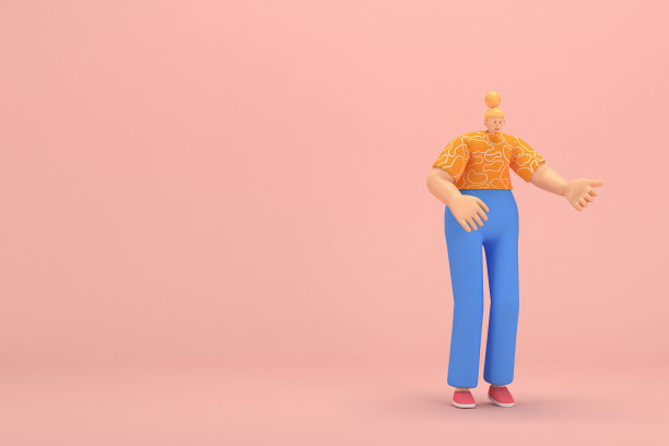 金发扎成发髻的女人穿着蓝色灯芯绒裤子和橙色白色条纹t恤。她说话时总是用手做手势。动画角色在表演中的三维渲染。图片下载