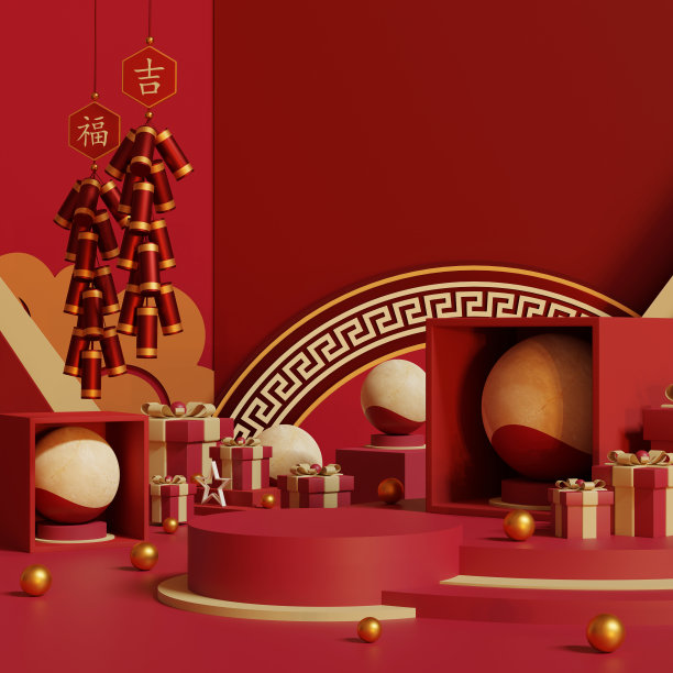 亚洲背景极简风格的品牌产品介绍快乐中国新年，中国节日，中秋节背景。3D插画(翻译:吉祥，幸福)图片下载