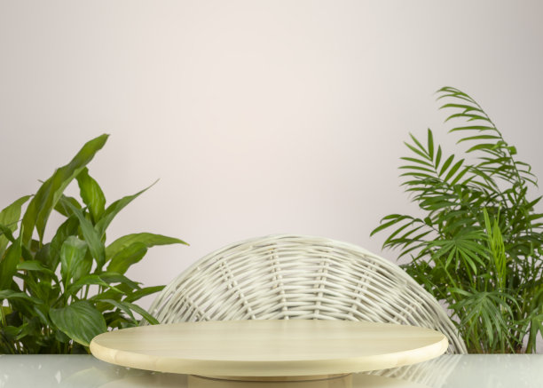 空讲台上的光梯度背景与绿叶图片下载