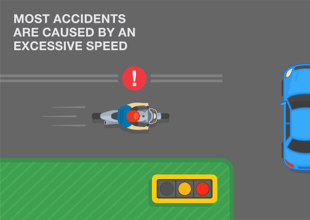 大多数事故都是由超速引起的。摩托车骑手的俯视图即将撞上另一辆车在交叉路。图片下载
