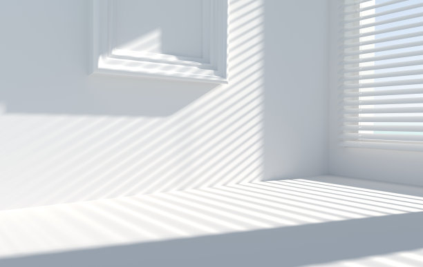 三维渲染的房间角落墙壁和窗户与百叶窗，阴影。厨房或浴室内部模拟产品展示图片下载