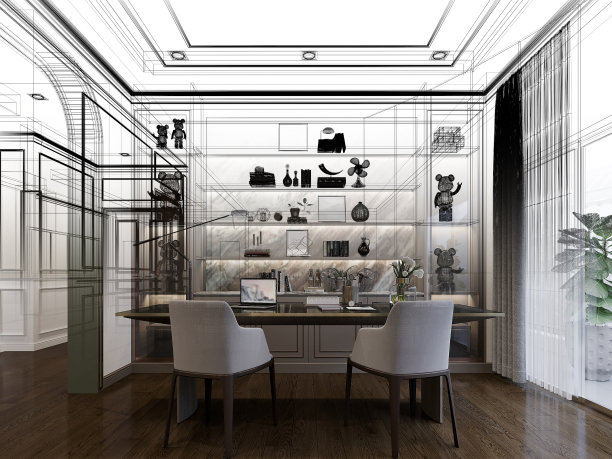 室内工作室草图设计，三维渲染图片下载