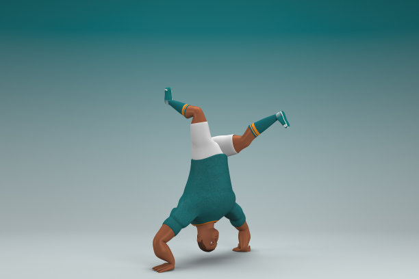 穿着绿色衬衫和白色裤子的运动员。他正在做运动。动画角色在表演中的三维渲染。图片下载