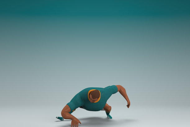 穿着绿色衬衫和白色裤子的运动员。他正在做运动。动画角色在表演中的三维渲染。图片下载