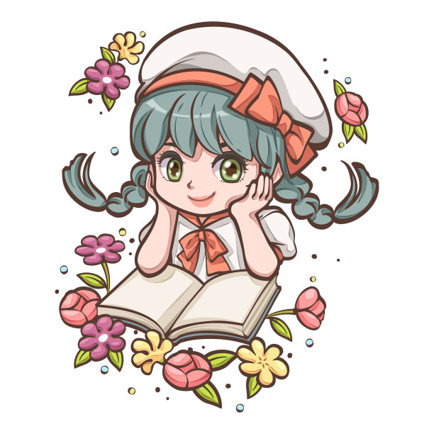 可爱的女孩和书卡通图片下载
