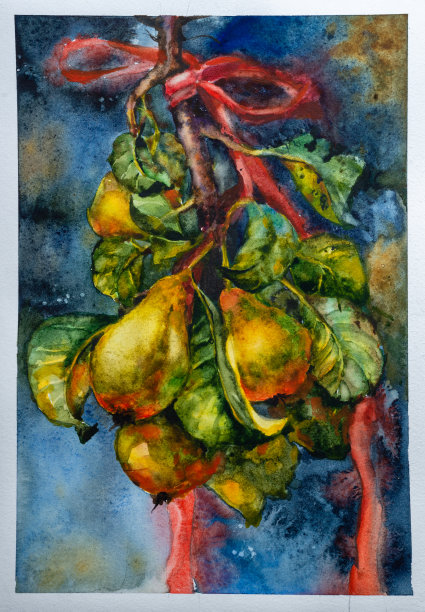 水果梨花梨花枝手绘水彩画叶子红丝带美丽的秋天作文黄。图片下载