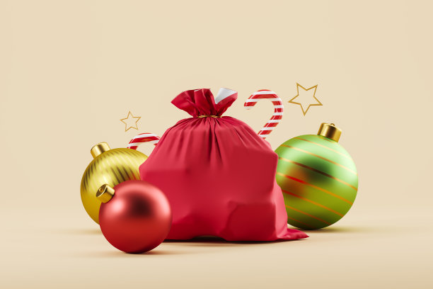 红色的袋子和带拐杖糖的圣诞树球图片下载