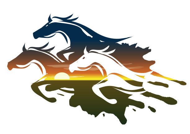 三匹奔马，夕阳风光。图片下载