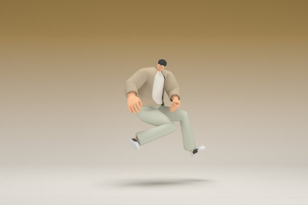一个戴眼镜、穿着棕色衣服的男人正在跑步。动画角色在表演中的三维渲染。图片下载