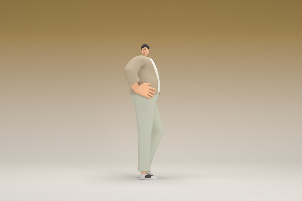 一个戴眼镜戴棕色布的男人。他说话时总是用手做手势。动画角色在表演中的三维渲染。图片下载