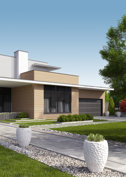 木制和黑色石头立面的现代别墅。夏天的概念。图片下载