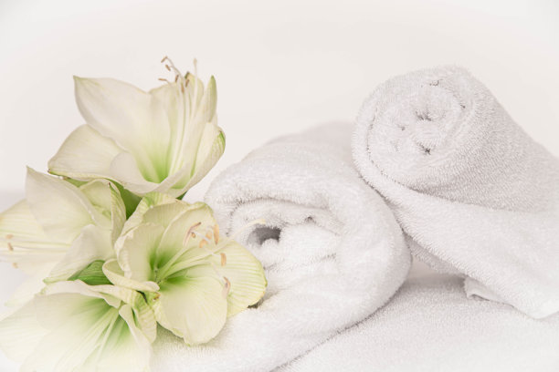 温泉构图与百合花和毛巾在白色的背景。图片下载