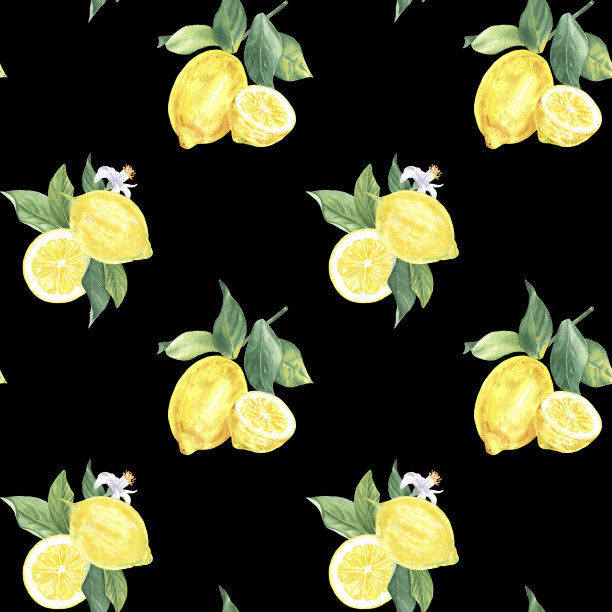 水彩无缝图案柠檬，片，花，叶子在黑色背景，手绘植物风格，度假，婚礼，食品设计。一种柑橘味的热带水果，用于装饰包装和卡片图片下载