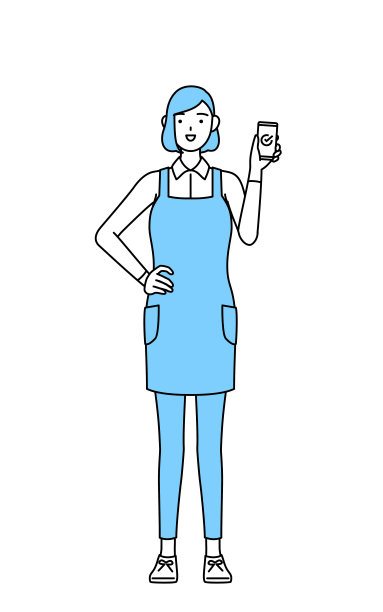 一个穿着围裙的女人在工作中使用智能手机。图片下载