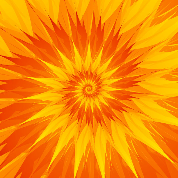 一种不寻常的抽象方形花卉图案，看起来像一颗星星，橙色背景上有橙色、红色、黄色渐变的长花瓣。明亮的背景广告，包装和标签。图片下载