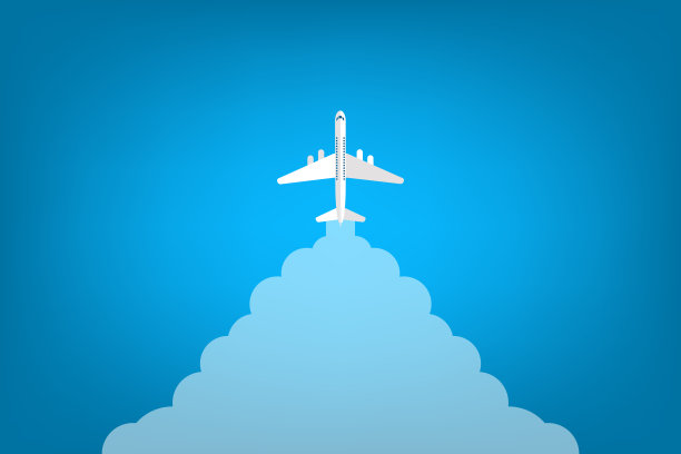 飞机起飞与云层和背景文字。抽象飞行飞机的空气路径。矢量图图片下载
