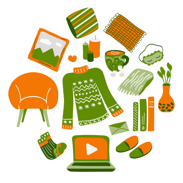 一套舒适的东西，家庭内部。羊毛衫和袜子。格子和拖鞋。扶手椅、枕头和睡眠面膜。爱好图片下载