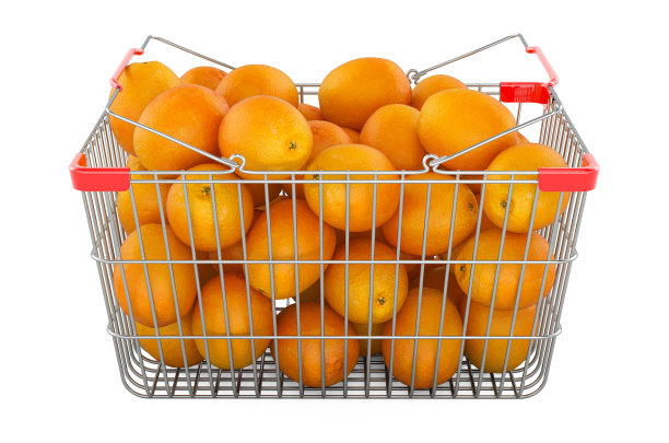 装有橘子的购物篮。三维渲染图片下载