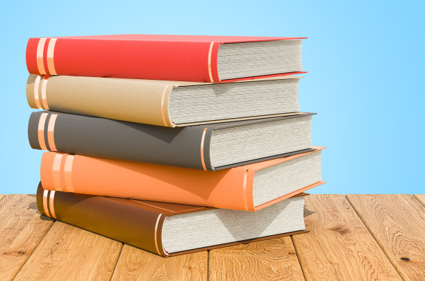 彩色书籍堆叠在木板上，3D渲染图片下载
