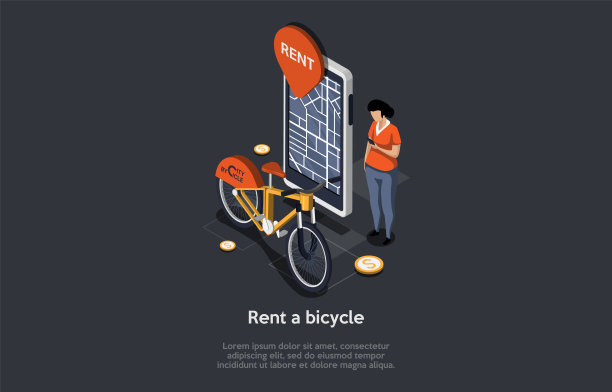 户外健康生活方式，自行车租赁概念。男孩城市之旅。男子用智能手机租自行车。方便的移动应用程序与导航和位置标签。等距3d卡通矢量插图图片下载