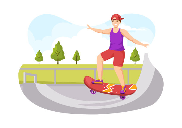 在极限运动平面风格的卡通手绘模板中，滑板插画与滑板者在滑板公园的跳板上跳跃图片下载