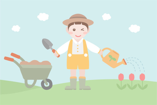 孩子们在花园里工作，种植和浇灌树木矢量插图。图片下载