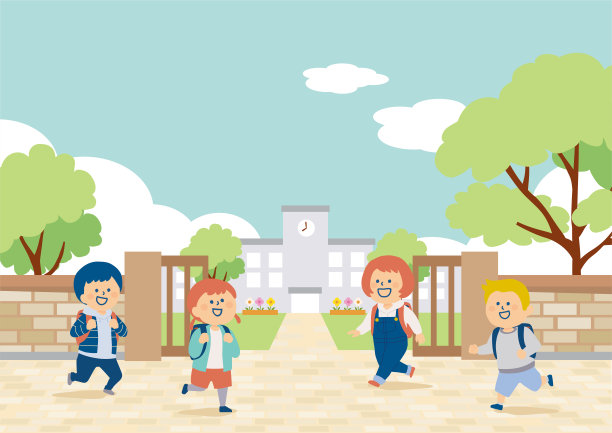 学校建筑和校门插图，小学生背着书包。图片下载