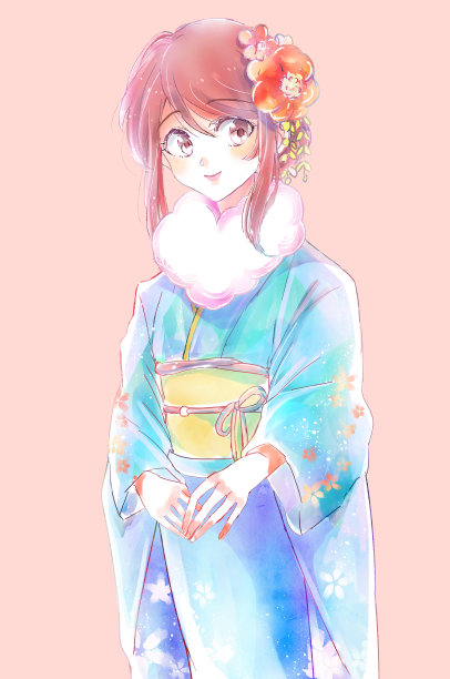 一个美丽的女人穿着furisode的插图图片下载