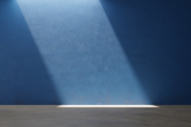 蓝色墙壁背景，光线从上面漏出，3d渲染图片下载