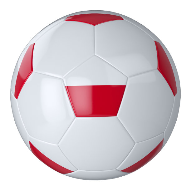 白底波兰国旗的白色足球。孤立。皮革足球。带补丁的经典球。国家的国旗。3 d演示。图片下载