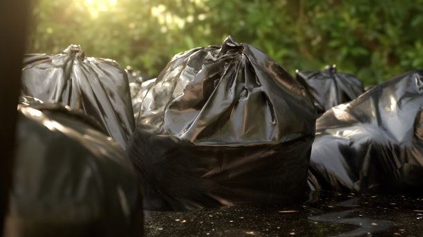 近距离的黑色塑料垃圾袋充满垃圾沼泽水。3 d渲染。图片下载