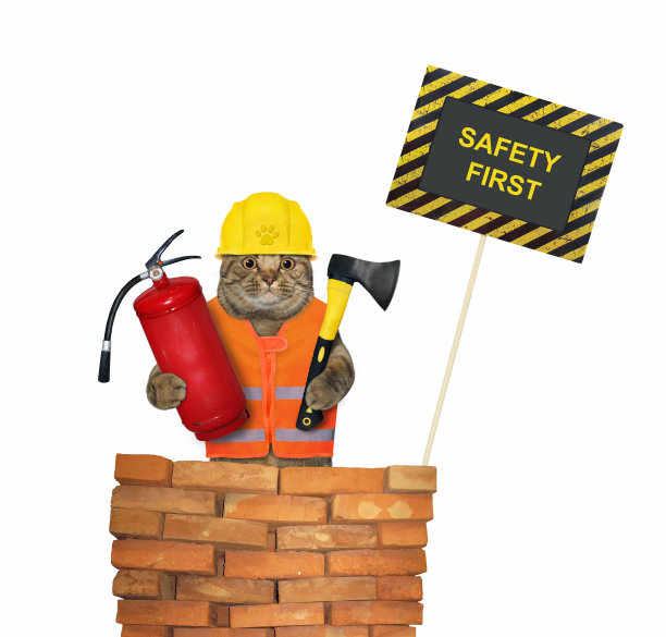 猫与斧头和灭火器在砖墙附近图片下载