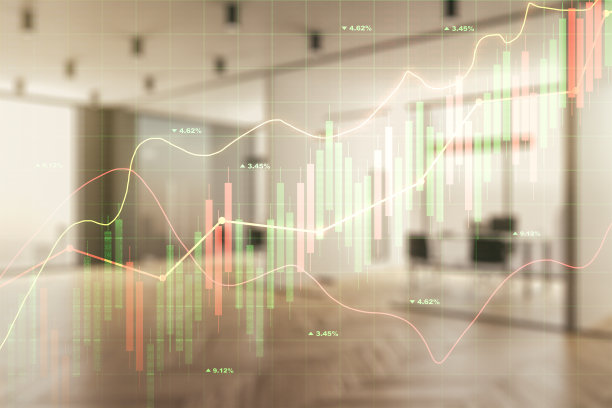 虚拟创意财务图表的双重曝光在现代家具办公室内部背景，银行和会计概念图片下载