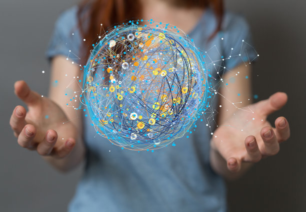 三维插图的全球神经网络在手中-细胞与链接连接图片下载