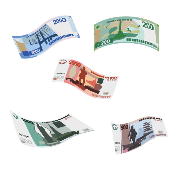 俄罗斯卢布矢量插图。俄罗斯货币套装捆绑钞票。下落，飞钱200,500,1000,2000,5000卢布。平的风格。孤立在白色背景上。简单的最小设计。图片下载