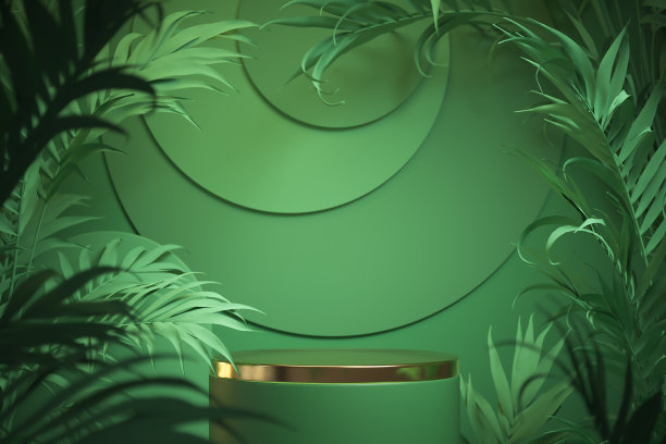 三维渲染场景平台显示与热带树叶背景。图片下载