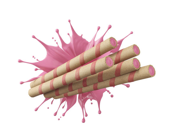 酥脆的威化卷，草莓华夫棒与牛奶奶油飞溅3d渲染。图片下载