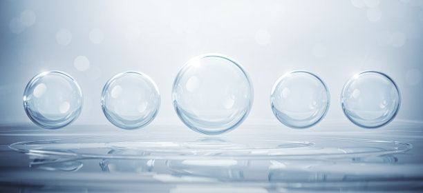 蓝色气泡液体，美容皮肤血清和维生素胶原蛋白在水面，皮肤护理化妆品背景，3d渲染。图片下载