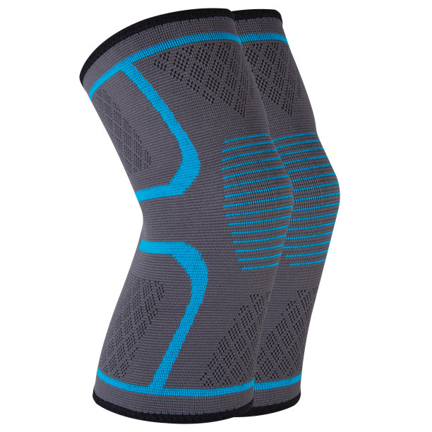 护膝:一双蓝色图案的运动弹性护膝，用于固定和支撑膝关节和韧带图片下载