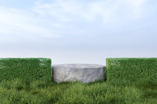 摘要三维渲染春天的场景和自然的讲台背景，石材讲台上的草地和灌木丛，背景蓝天和云的产品展示广告等图片下载