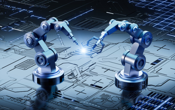机械臂和电路芯片的科技背景，三维渲染。图片下载
